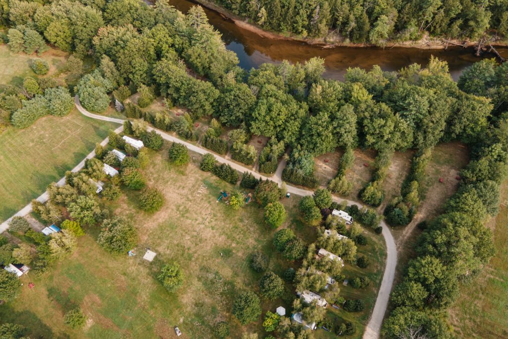 An aerial view of the On the Saco Family Campground in Brownfield, Maine.
