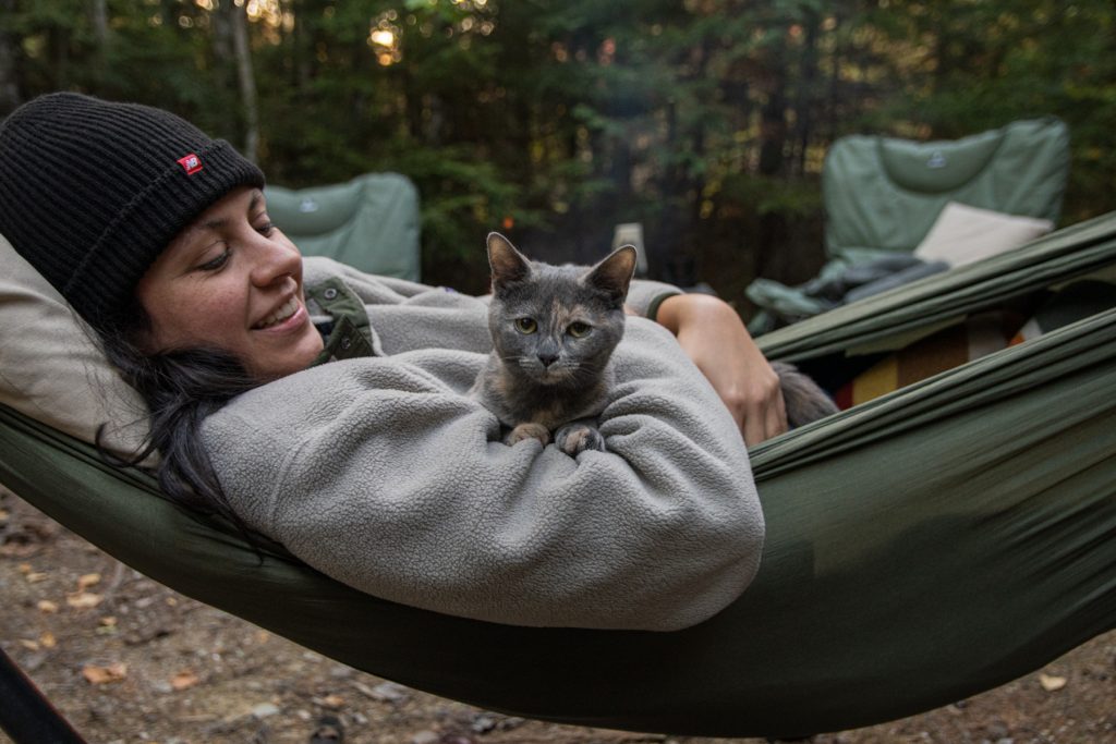 A woman holds a cat while relaxing in an ENO hammock in Lakeville, Maine at Wildfox Cabins and Campground.