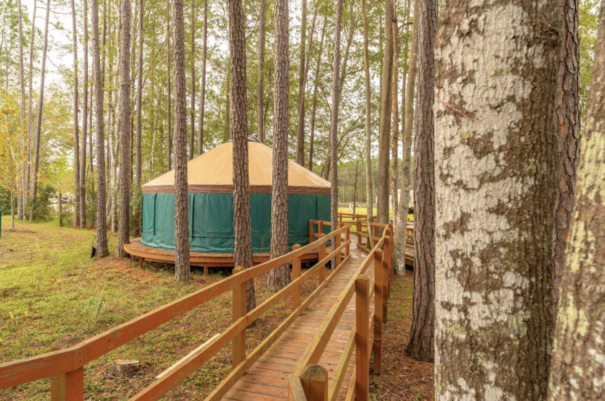 yurt in the woods at Flamingo Lake RV resort in Florida.