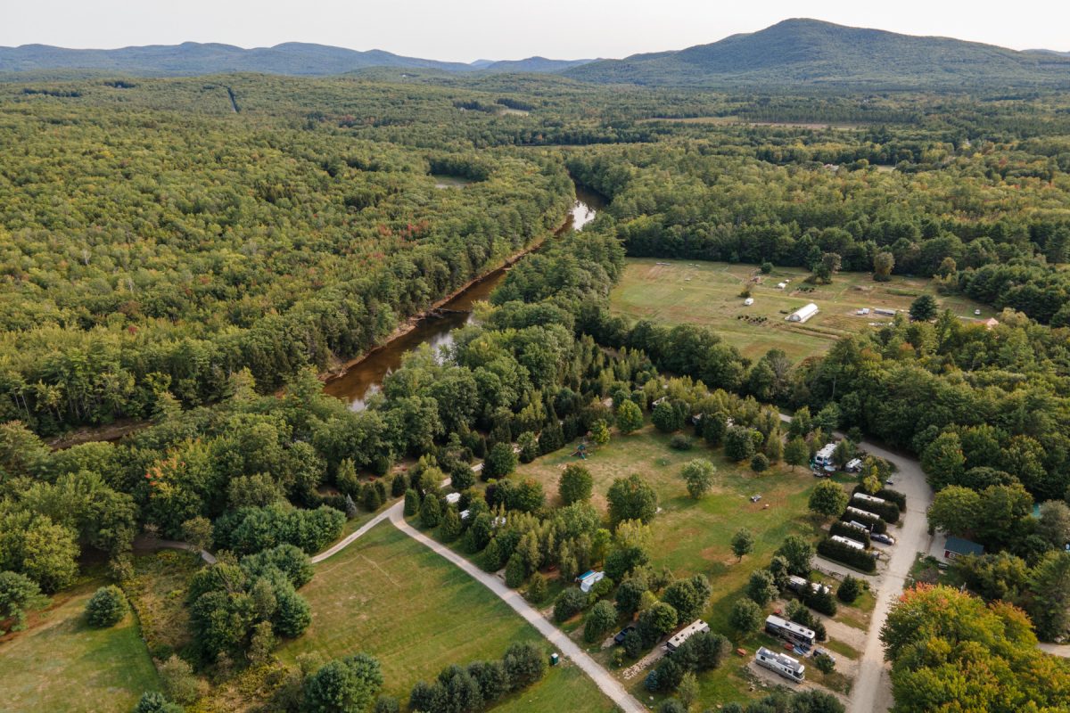An aerial view of On the Saco Family Campground in Brownfield, Maine.