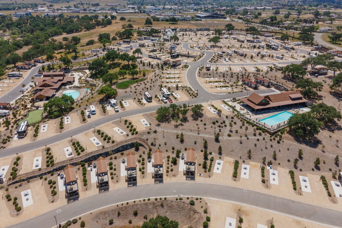 An aerial view of Cava Robles RV Resort in Paso Robles, California.