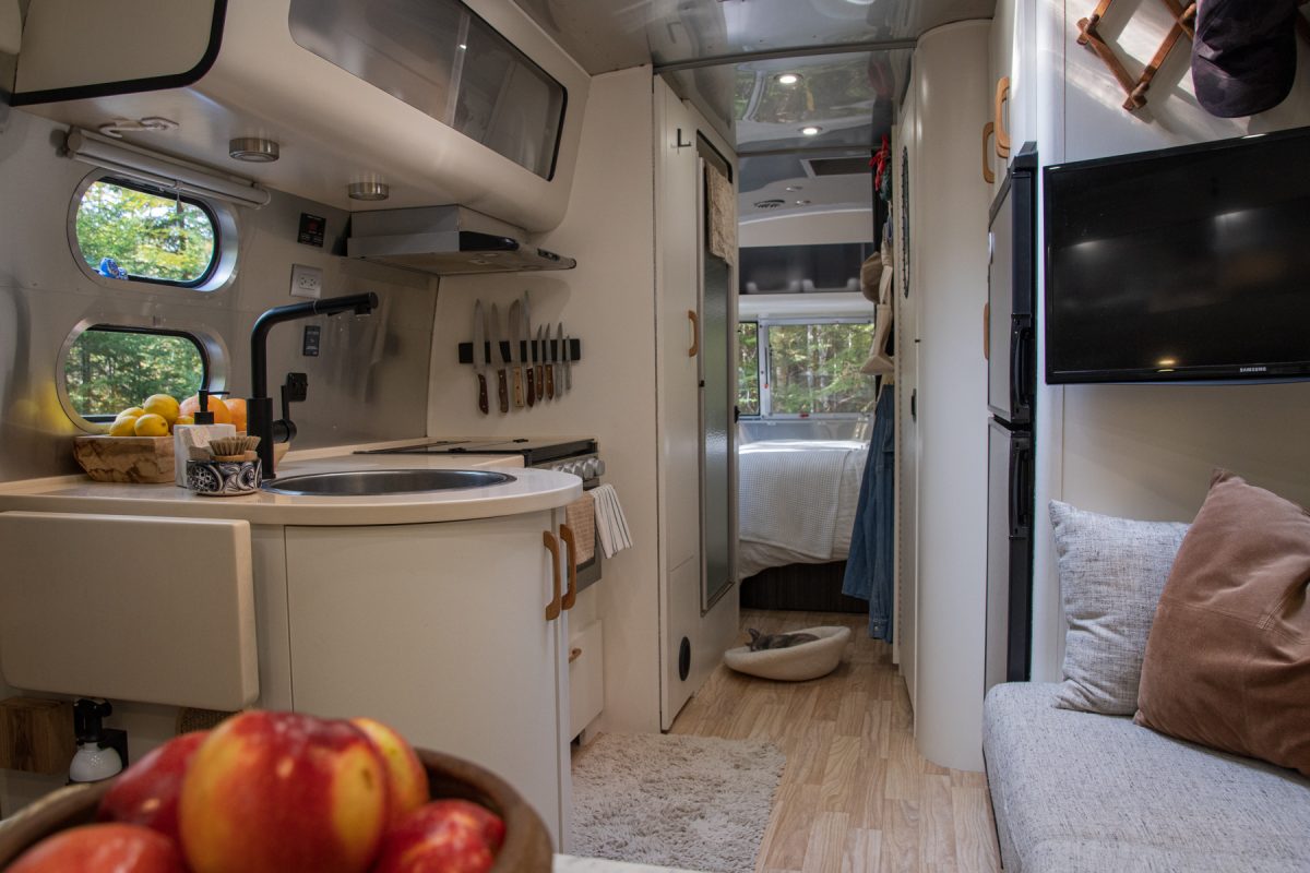The inside of an Airstream RV trailer.