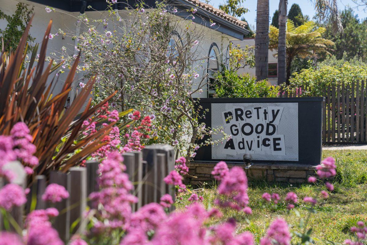 The front sign of Pretty Good Advice located near Santa Cruz, California.