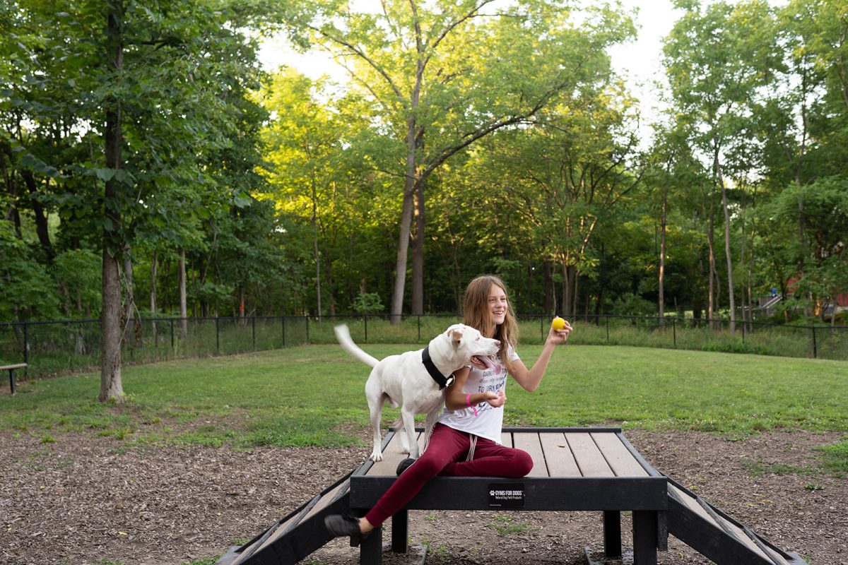 A girl is playing with her dog at a campground's dog park.