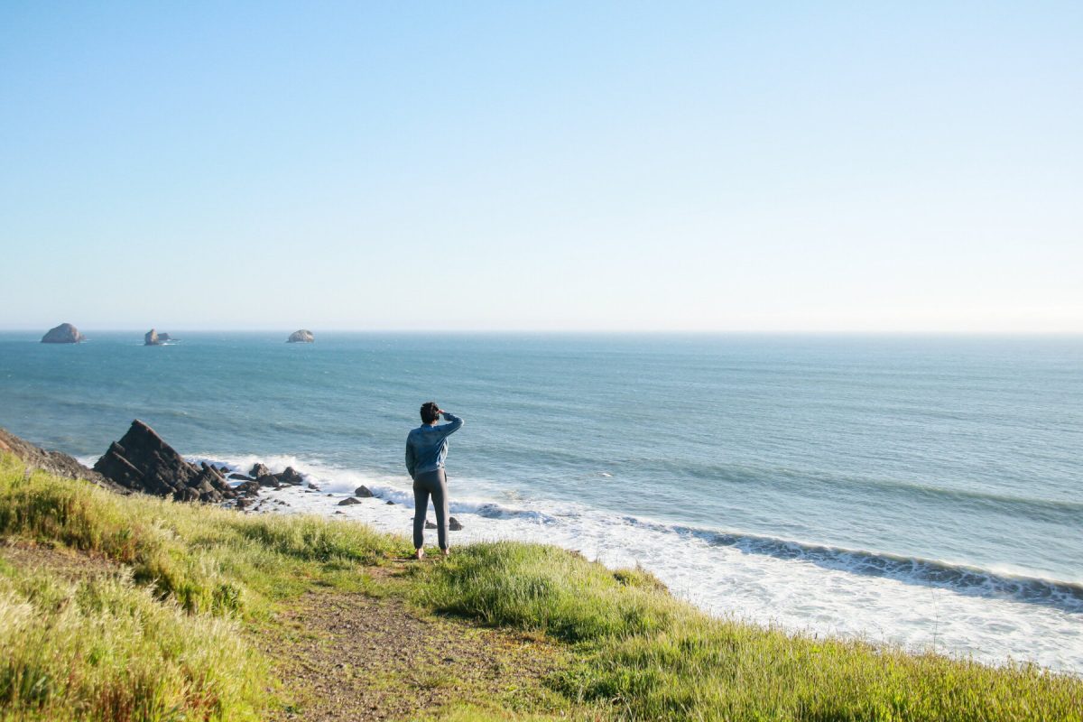 A person looking out to the Samuel H. Boardman State Scenic Corridor along Oregon's Pacific Coast.