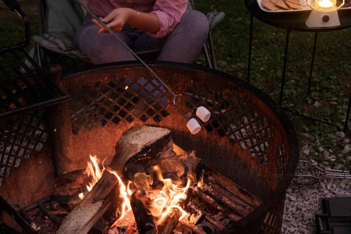 A hand holds a two-pronged metal marshmallow roasting stick over a fire with two marshmallows.
