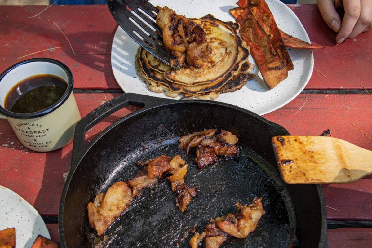 Apple bourbon pancakes with bacon and coffee 