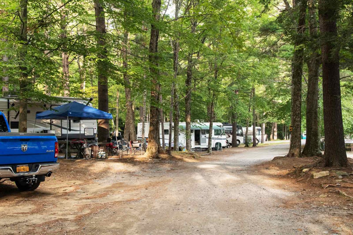 RVs parked at an RV campground in NY, a perfect destination for RV camping beginners. 