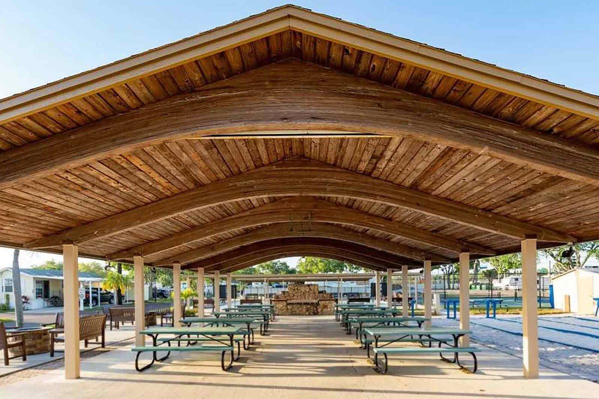 A covered pavilion with picnic tables underneath. 