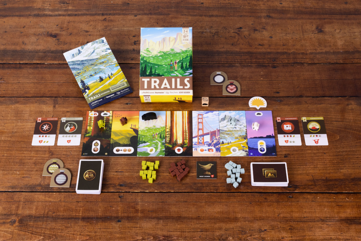 Trails board game with plain pieces on wooden table 