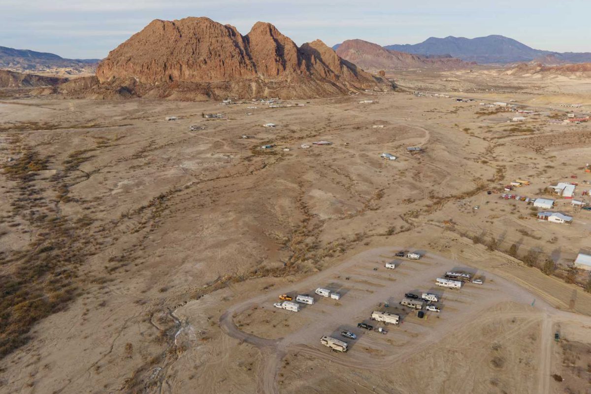 An aerial shot of the scenic desert views at Roadrunner Travelers Campground, one of the most popular campgrounds with views on Campspot. 