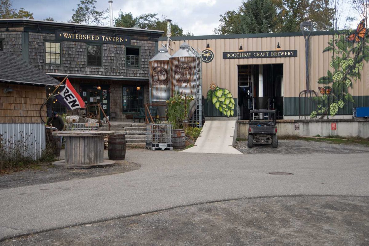 The tavern and brewery entrance at Boothbay Craft Brewery, a campground for beer lovers available on Campspot.  