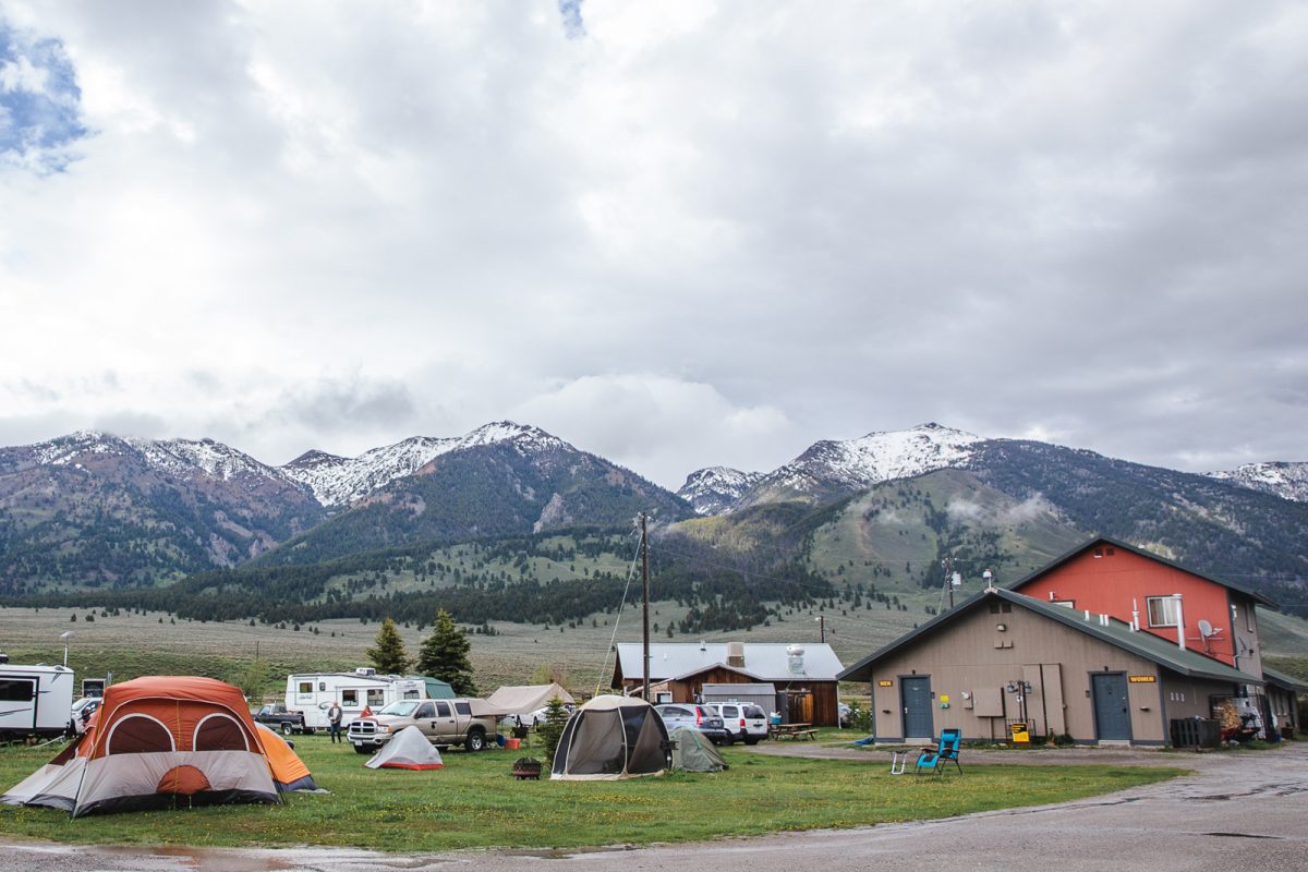 tents and RVs parked at Driftwaters RV Resort in Yellowstone National Park