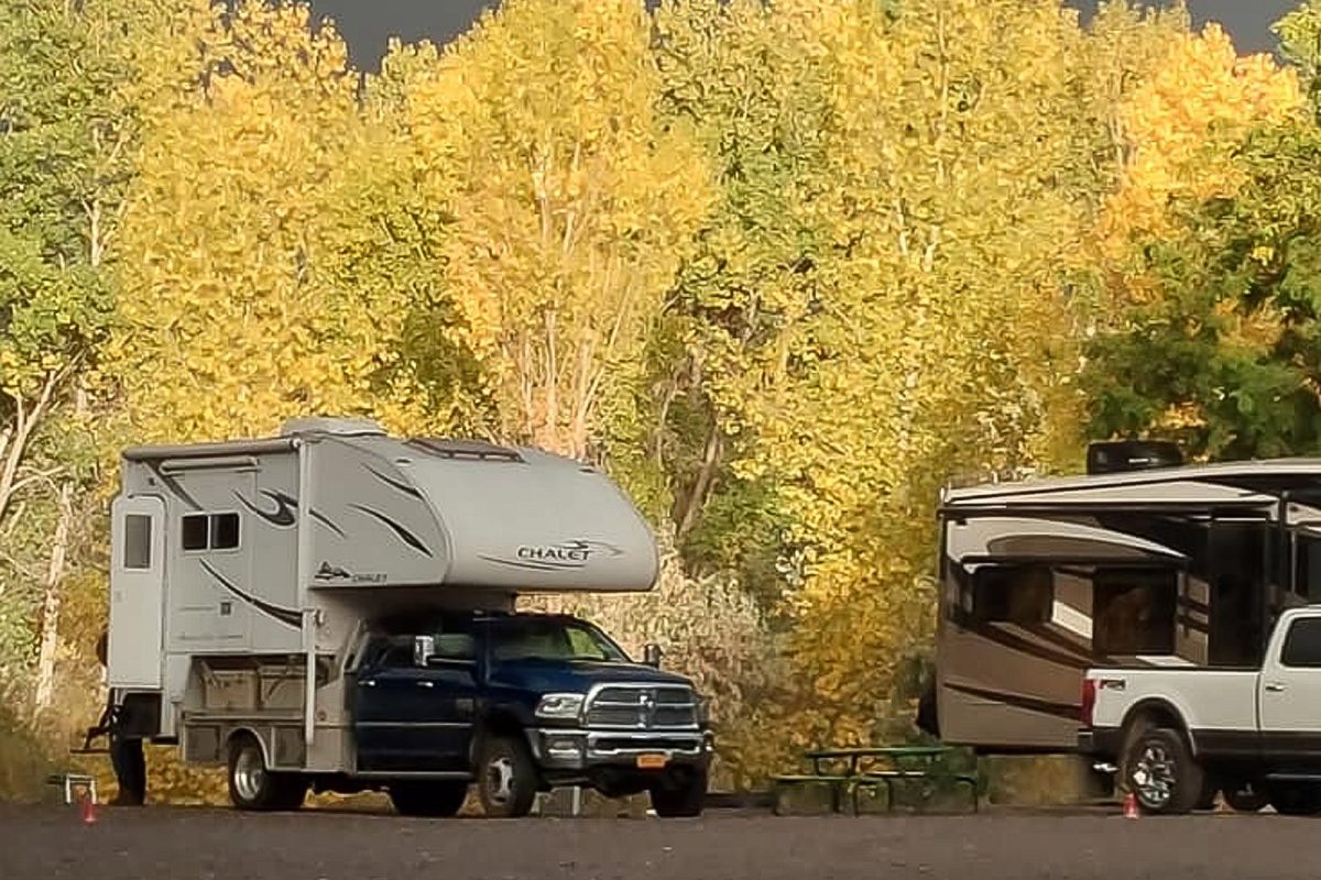 two RVs parked against Colorado leaves and trees