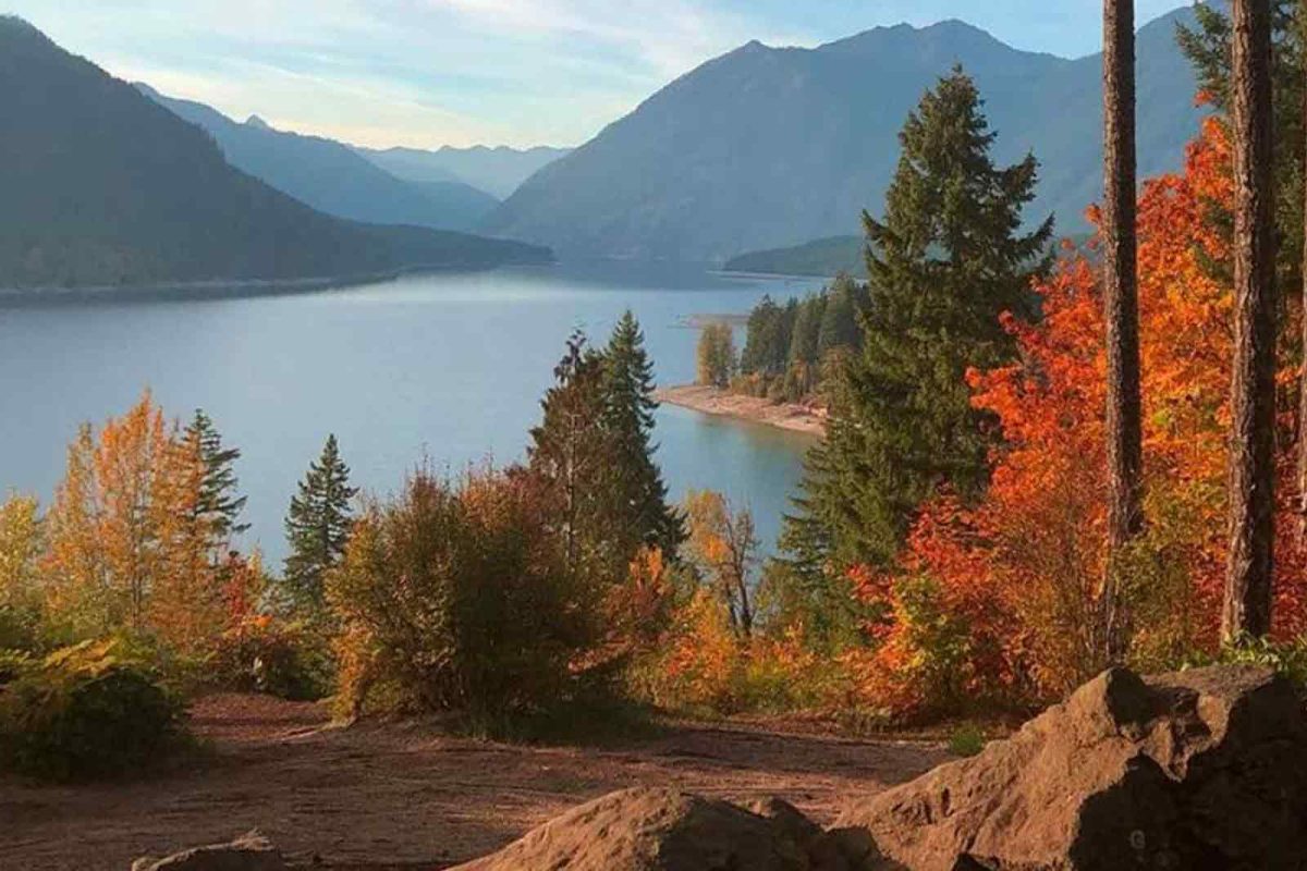 Bright red fall foliage surrounding the water views near Skokomish Park at Lake Cushman, one of the best places to see fall foliage 