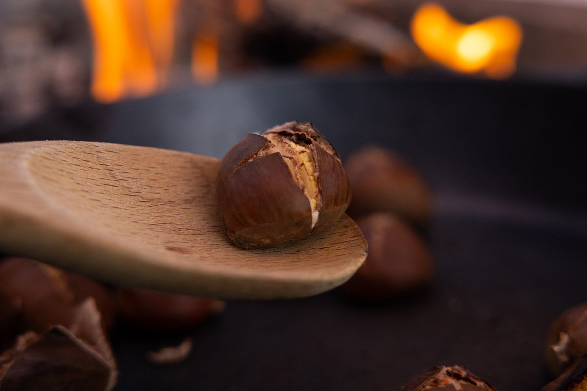 chestnut roasting on an open fire with skin peeling back