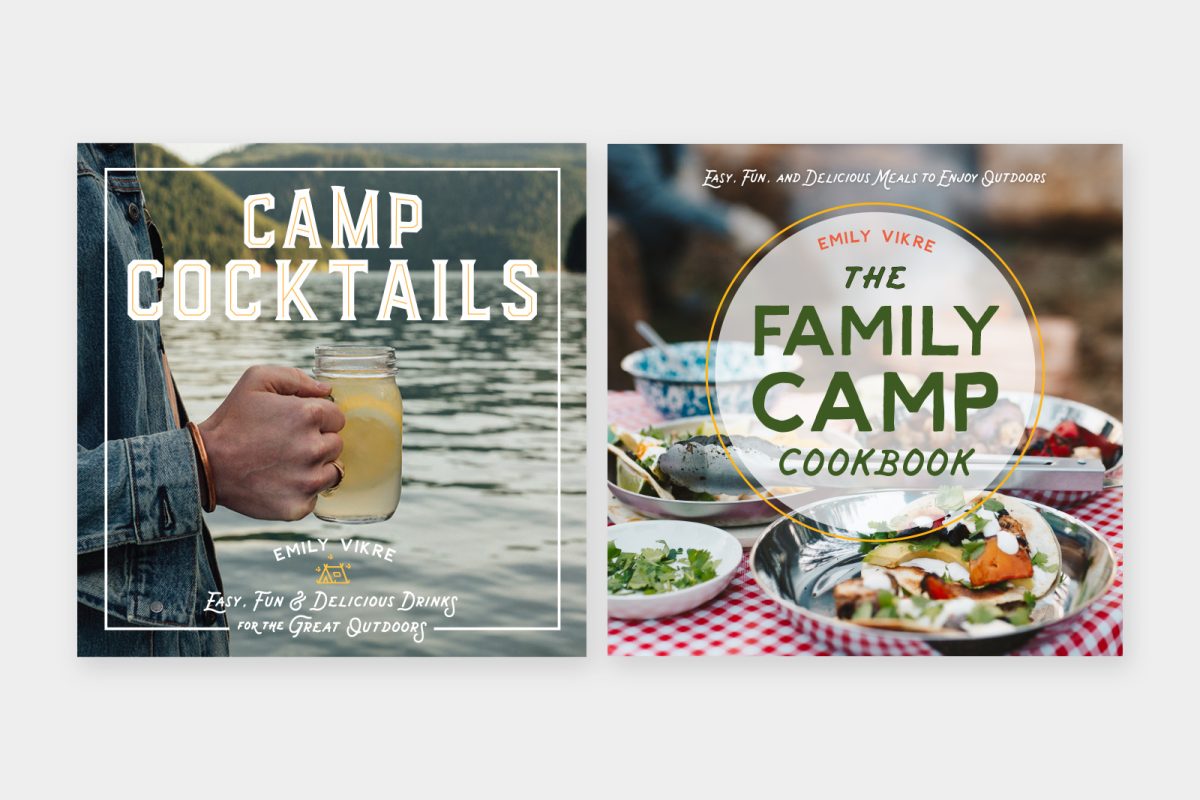 Two book covers - Camp Cocktails and The Family Camp Cookbook by Emily Vikre, both are popular camping gift ideas for the holidays 