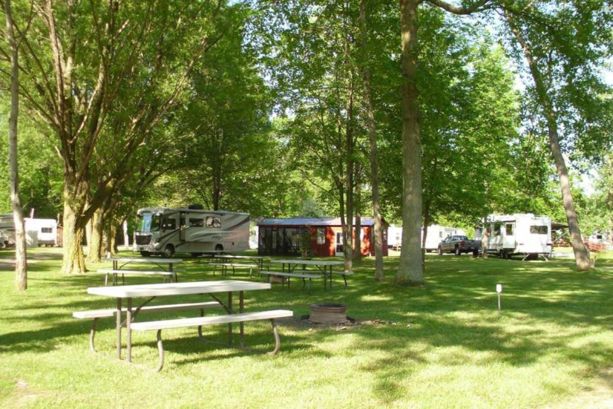 picnic table at grassy field near parked RVs