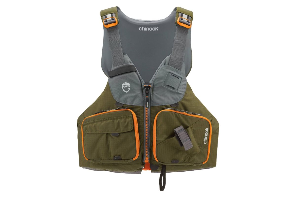 Chinook grey and green life jacket with orange trim. 