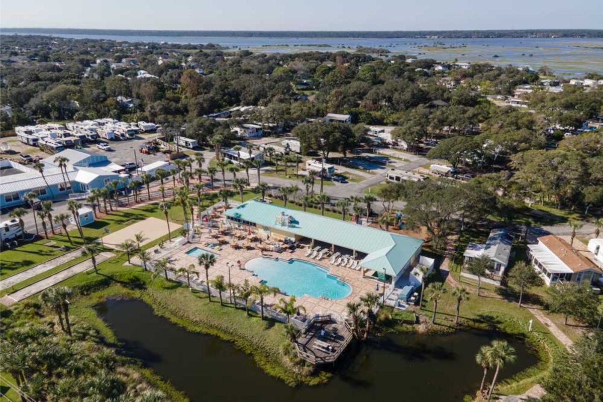 aerial view of campground and swimming pool