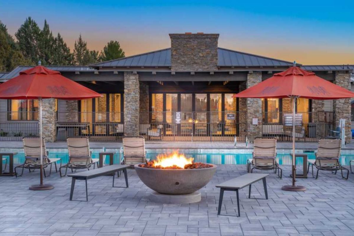 fire pit by the pool at a winter camping destination
