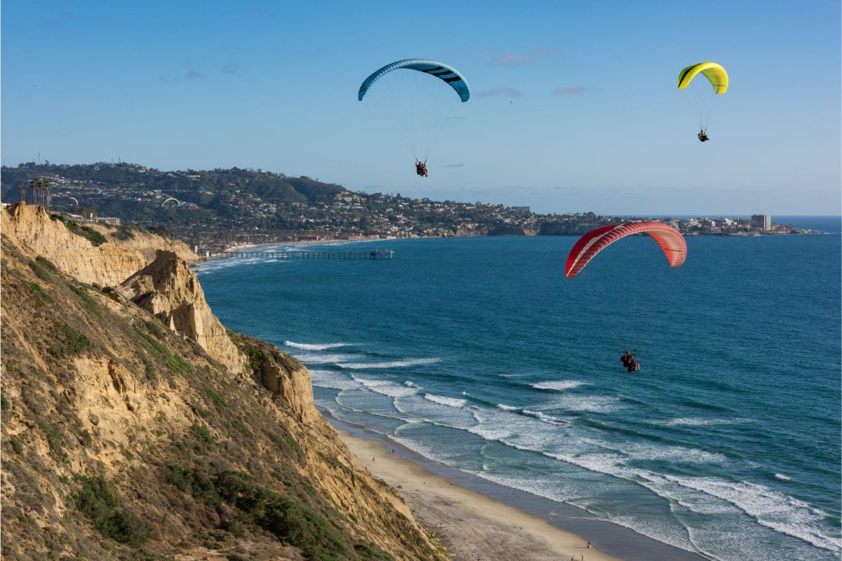 paragliders over San Diego cliffs and beach