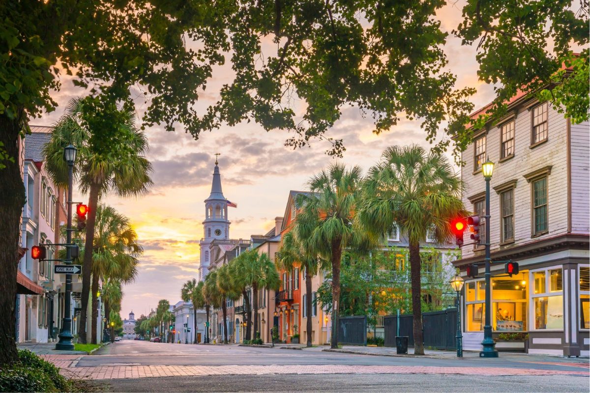 view of street and buildings in Charleston, South Carolina, a state among popular spring break camping destinations