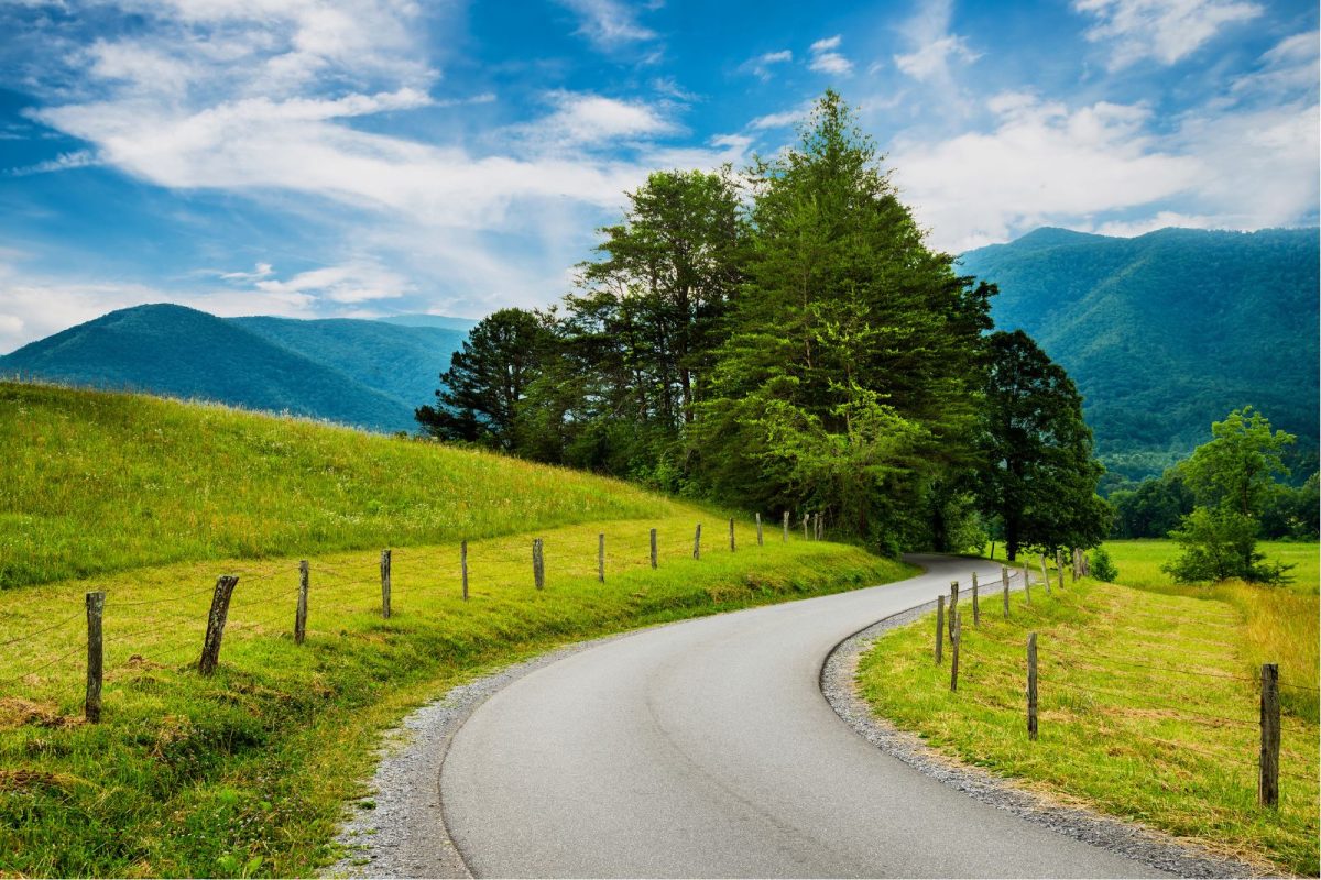 paved trail in scenic Cades Cove in Great Smoky Mountains National Park, major stop in Pigeon Forge itinerary