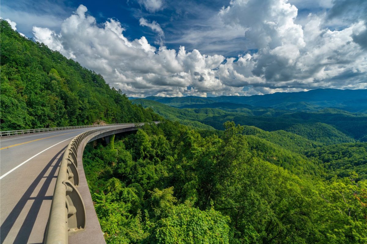winding turn of Foothills Parkway overlooking green mountains in Great Smoky Mountains National Park 