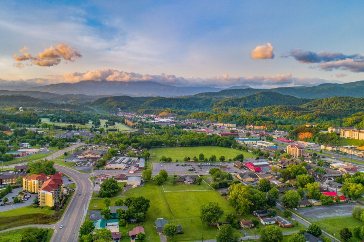 aerial view of Pigeon Forge, Tennessee, during spring