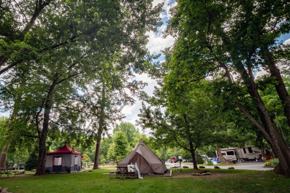 tents and RV at Greenbrier Campground Near Gatlinburg and Pigeon Forge