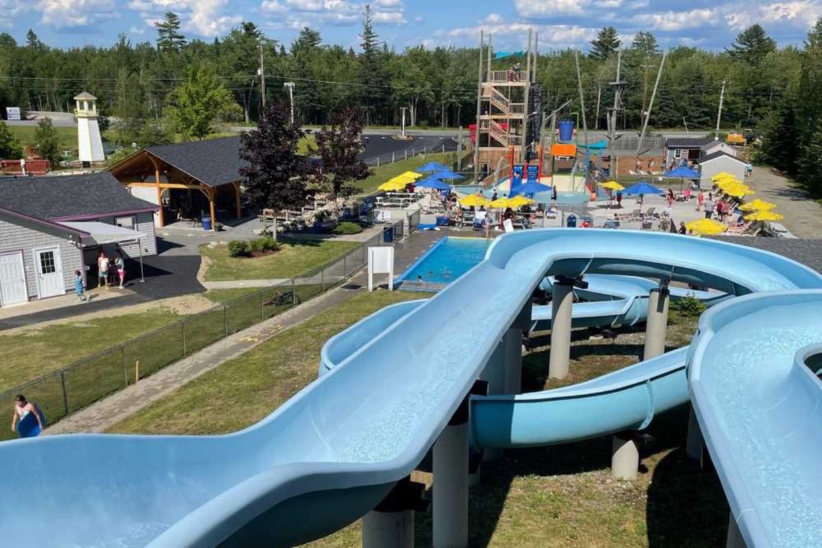 view from water slide of water park zone at Wild Acadia Camping Resort campground