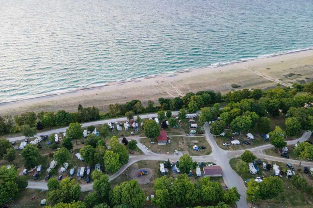 aerial view of Woodland Park Campground next to lake near Pictured Rocks National Lakeshore in Michigan