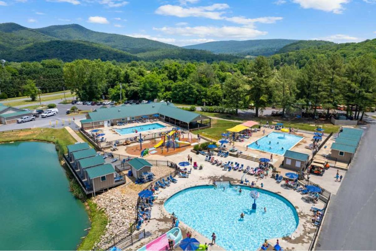 aerial view of campground with pool and water park