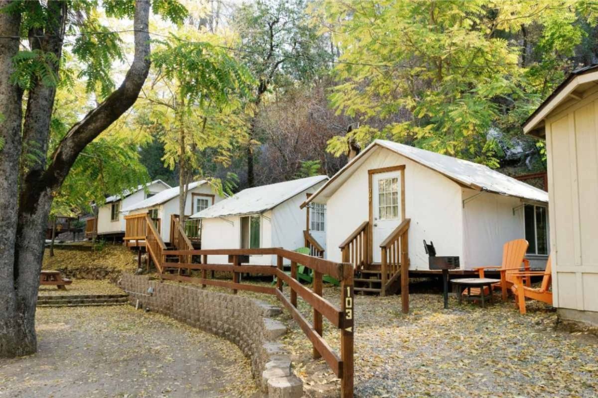 tent cabins lined up at Indian Flat RV Park near trending national park Yosemite